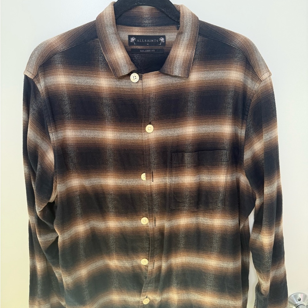 AllSaints Men’s Brown & Black Ombre Plaid Flannel Shirt, Size M, Relaxed Fit